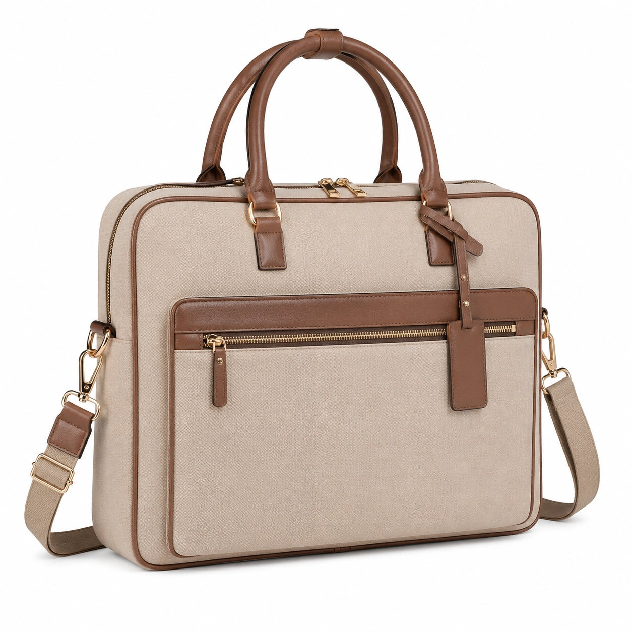 Laptoptasche 40 cm Textil Beige Braun mit Kunstlederbesatz und Schultergurt