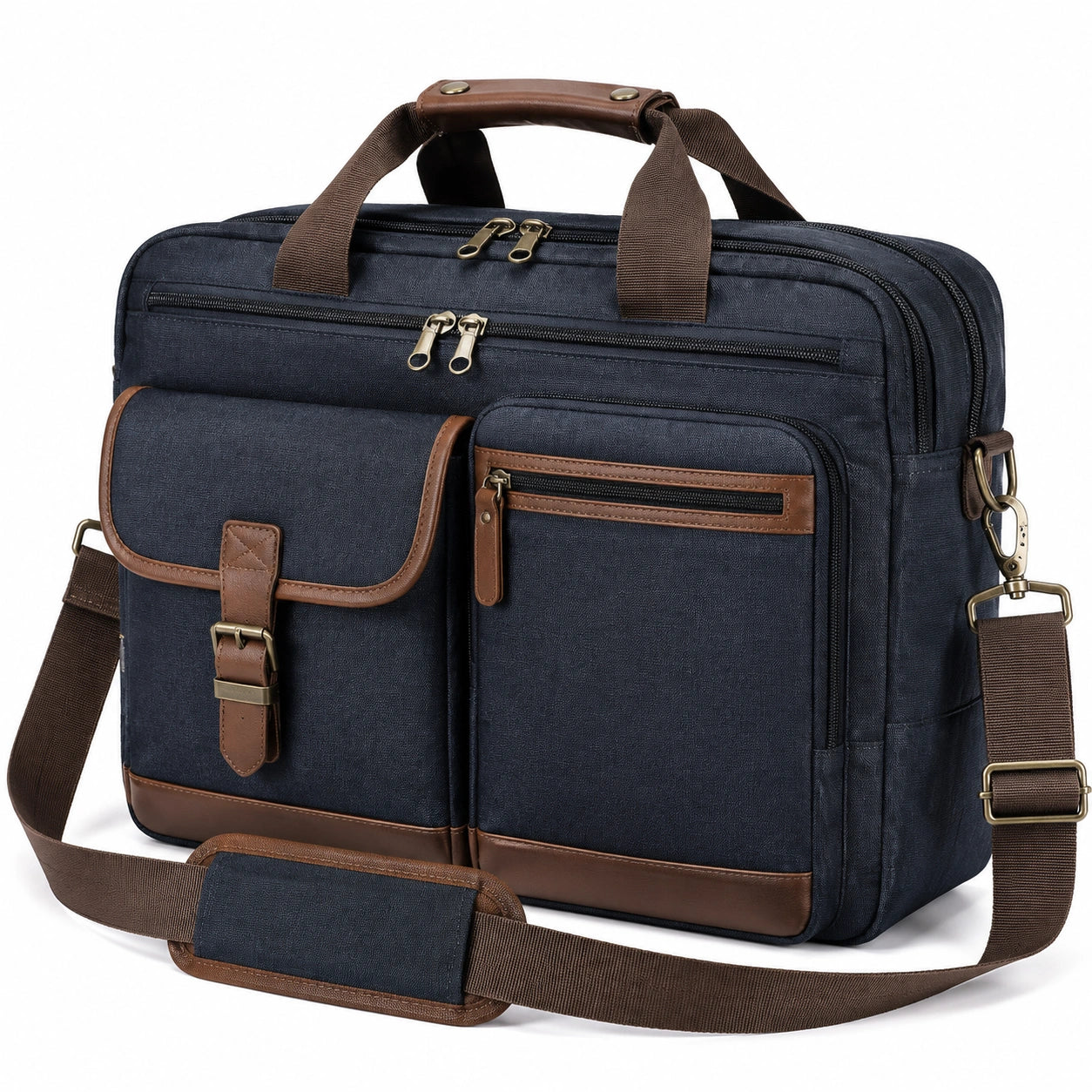 Aktentasche 42 x 30 x 12 cm aus Textilgewebe in Dunkelblau Braun mit Schultergurt