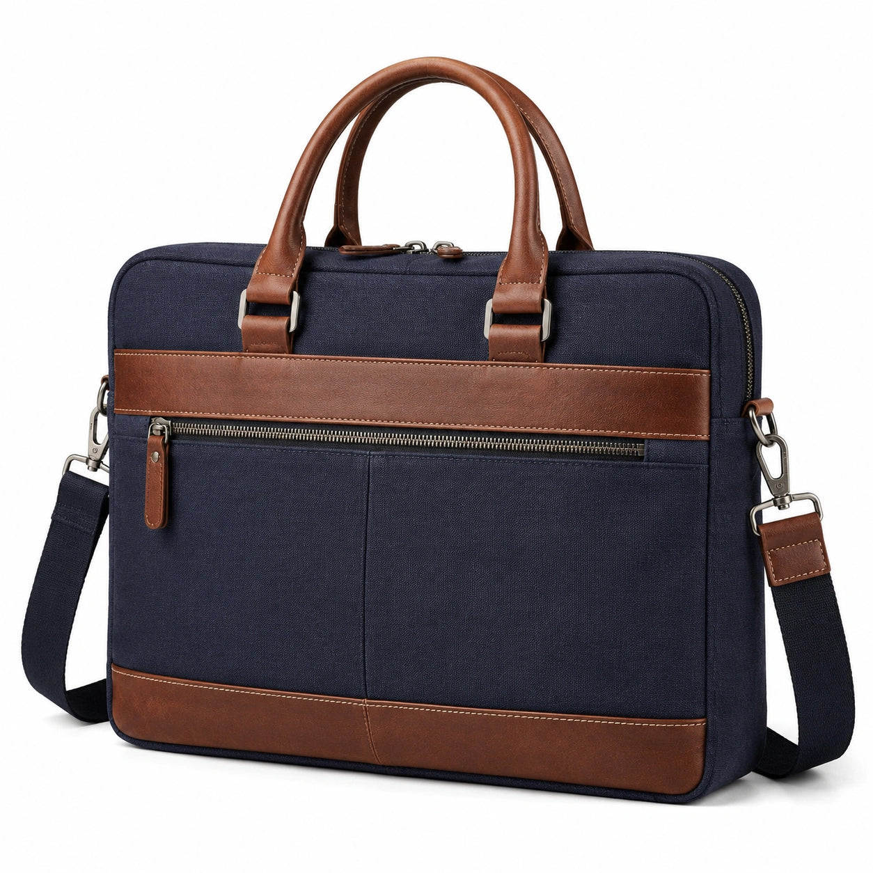 Laptoptasche 40 x 30 x 8 cm aus Textil und Kunstleder in Dunkelblau Braun mit Schultergurt