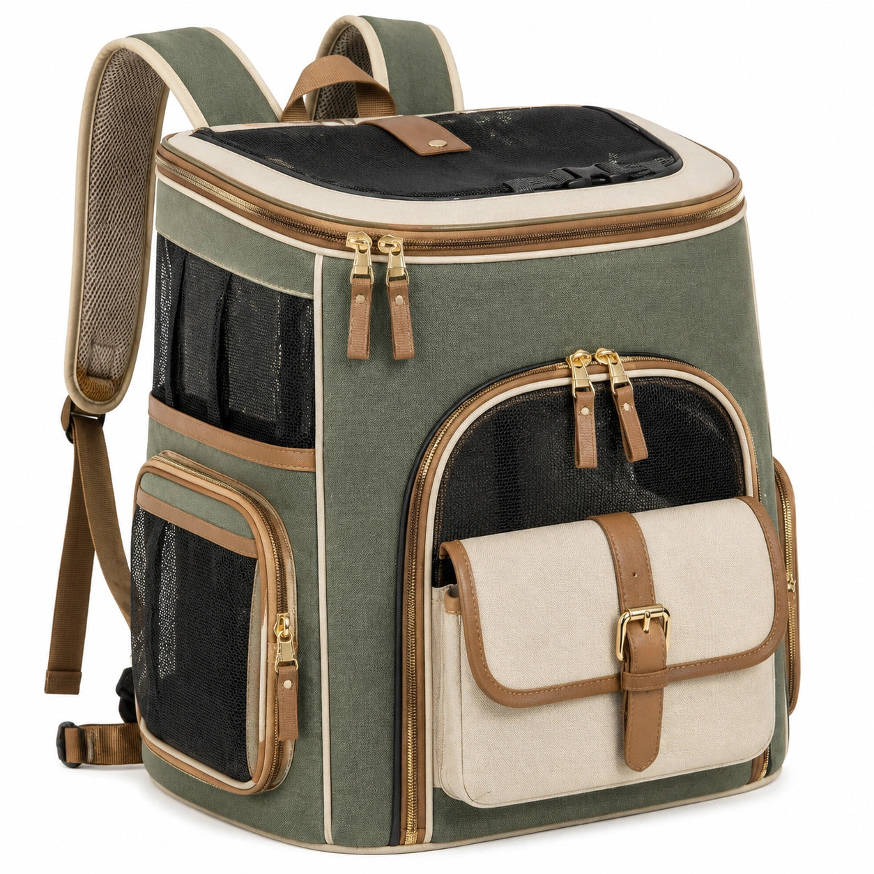 Haustier-Tragerucksack 42 x 30 x 45 cm aus Textil Grün Beige mit Netzfenstern und Schultergurten