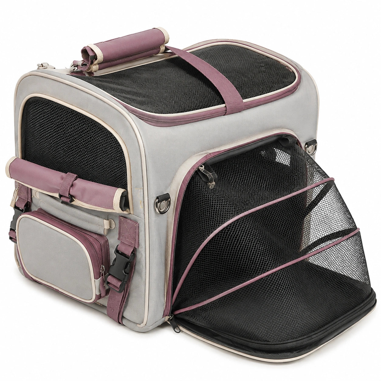 Haustier-Transporttasche 46 x 28 x 28 cm Textil Grau Mauve faltbar mit Netzfenstern