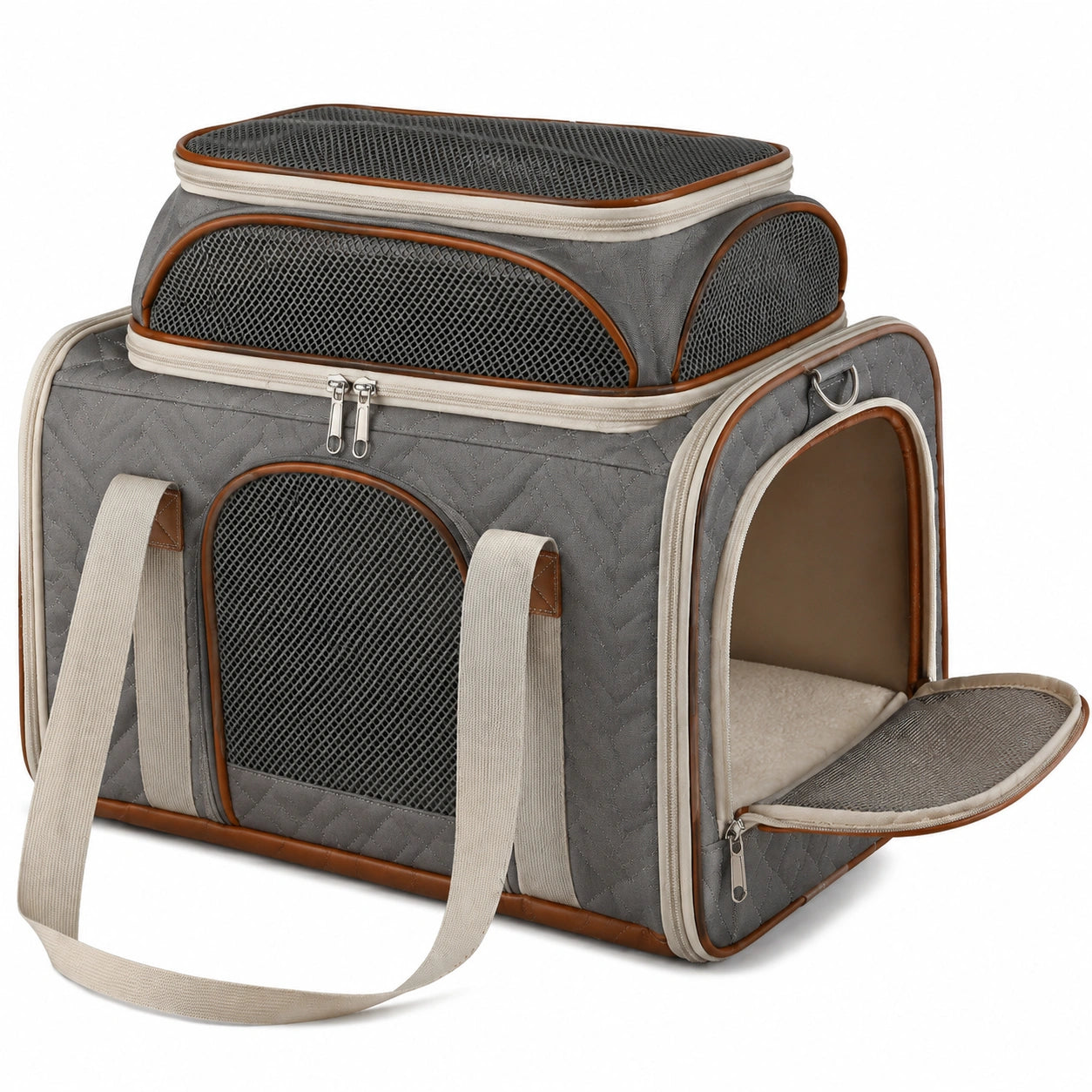 Tiertransporttasche 45 x 30 x 35 cm aus Textil in Grau Beige Braun mit Netzfenstern
