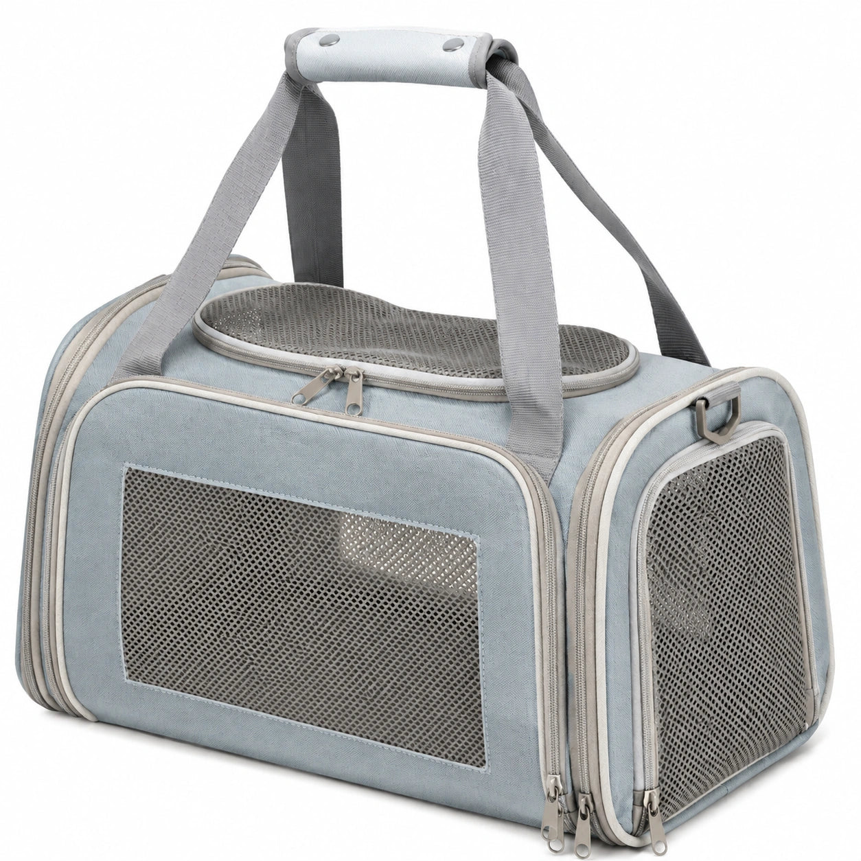 Haustier Transporttasche 45 x 28 x 28 cm aus Polyester Hellblau mit Netzfenstern und Tragegriffen