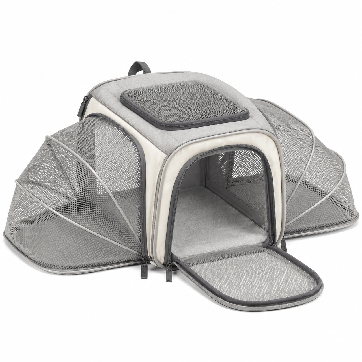 Haustier-Transporttasche 48 x 30 x 30 cm aus Polyester Grau Beige mit Netzfenstern und Erweiterungen