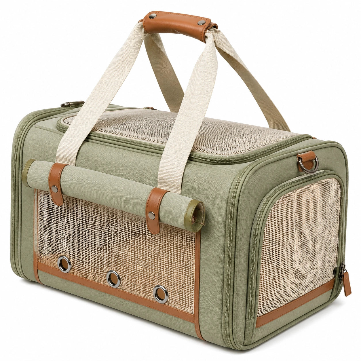 Haustier Transporttasche 45 x 28 x 30 cm Textil Olivgrün mit Netzfenstern und Tragegriffen