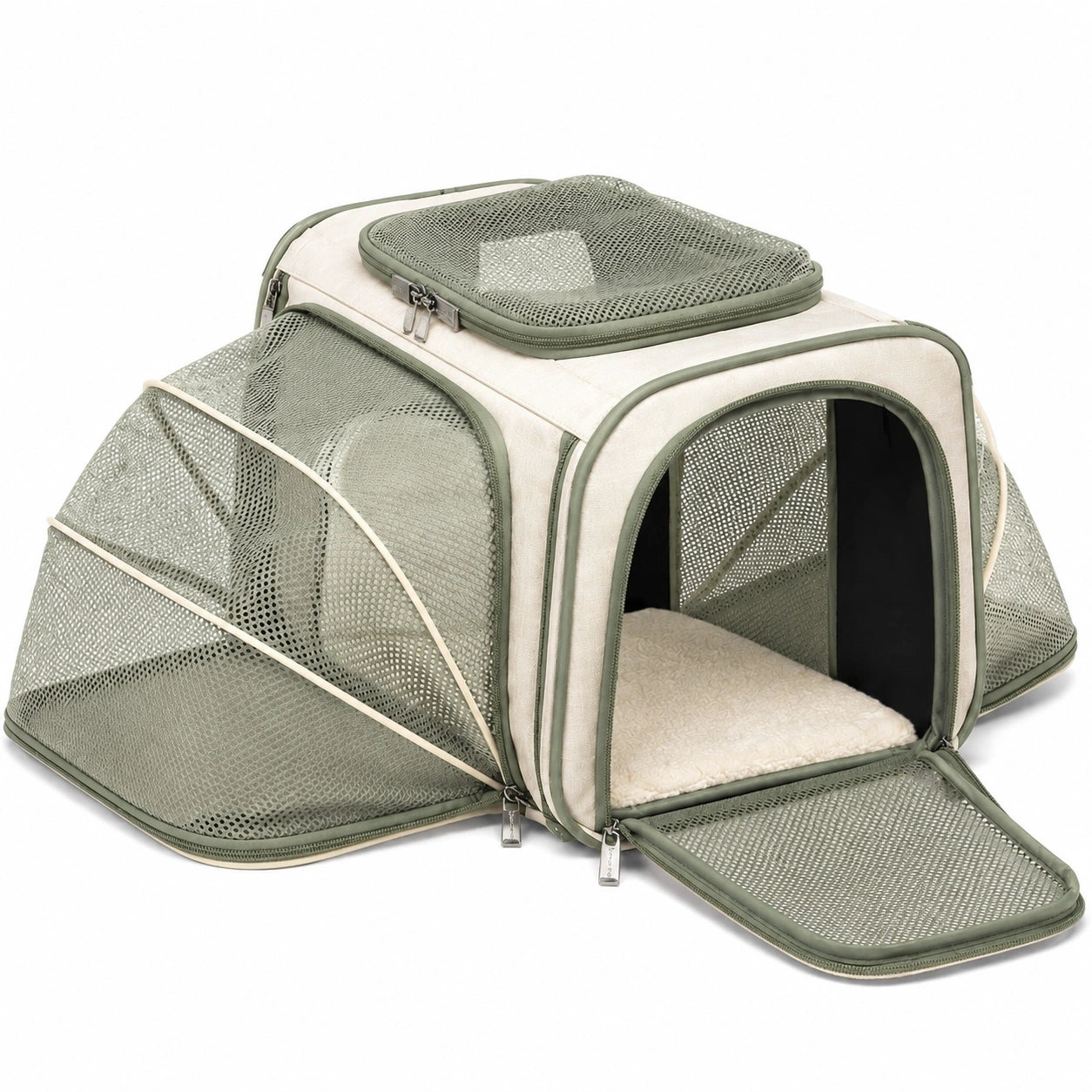 Haustier-Transporttasche 42 x 30 x 32 cm aus Textil in Beige Olivgrün mit Netzfenstern faltbar
