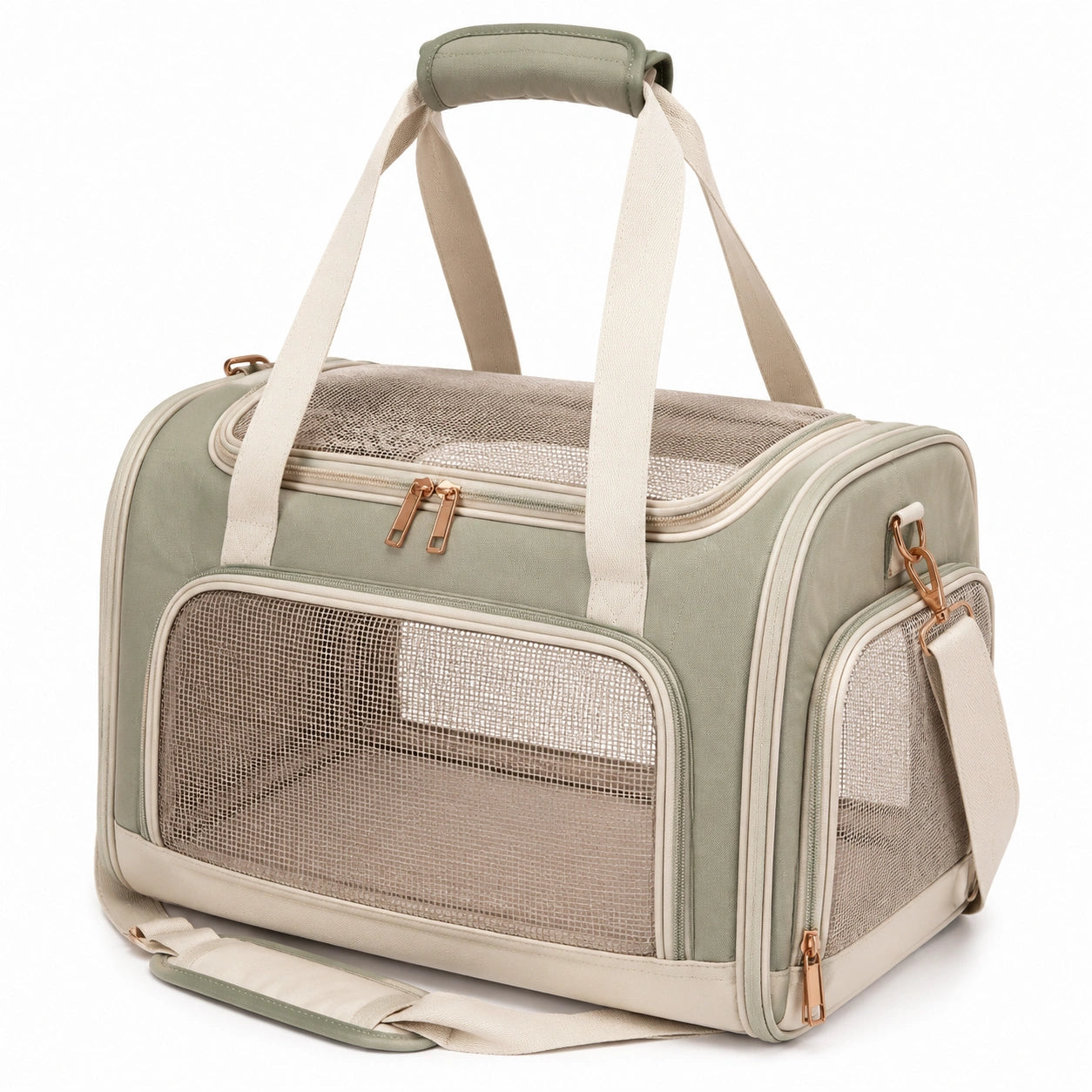 Haustier Transporttasche 45 x 30 x 30 cm aus Textil und Netzgewebe Salbeigrün Creme mit Schultergurt
