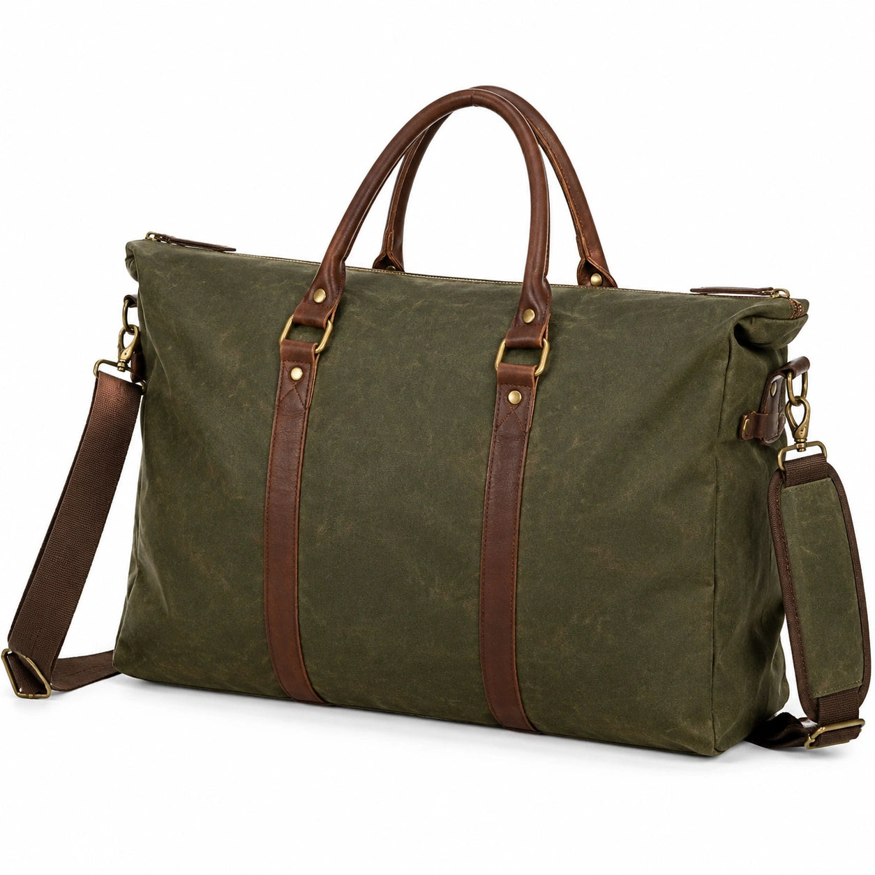 Reisetasche 50 cm aus Canvas und Kunstleder Olivgrün Braun mit Schultergurt