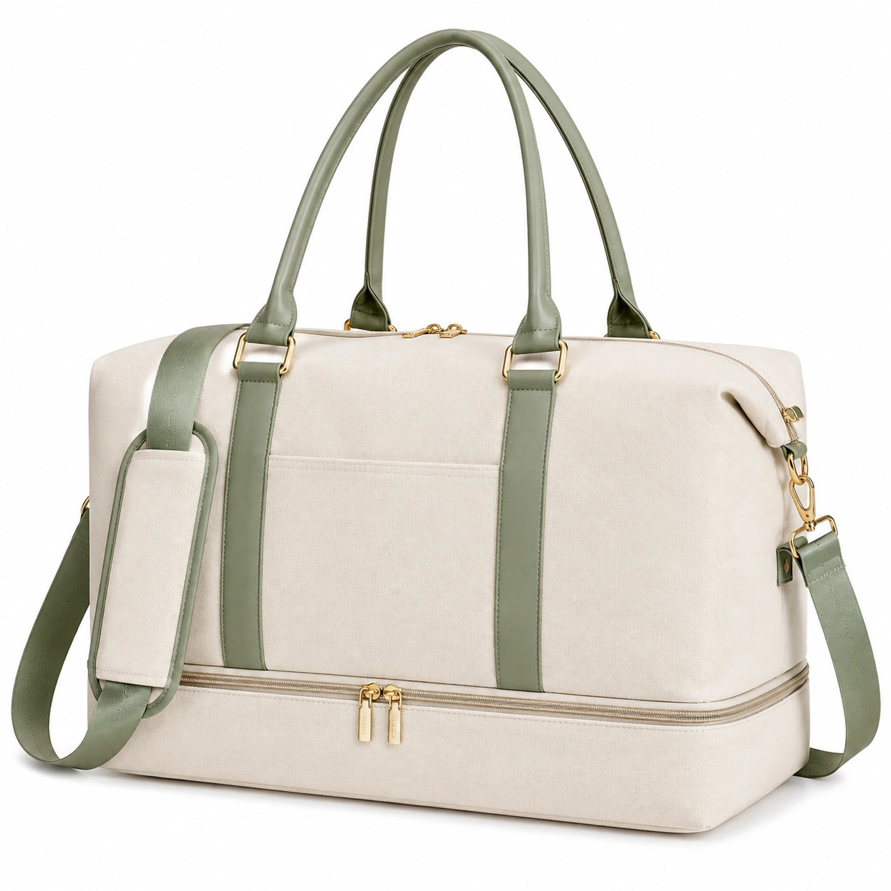 Reisetasche 50 x 25 x 35 cm aus Textil und Kunstleder in Beige Grün mit Schuhfach
