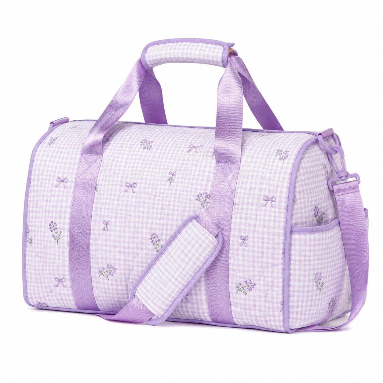 Reisetasche 45 cm Textil Flieder Weiß mit Blumenmuster und Schultergurt