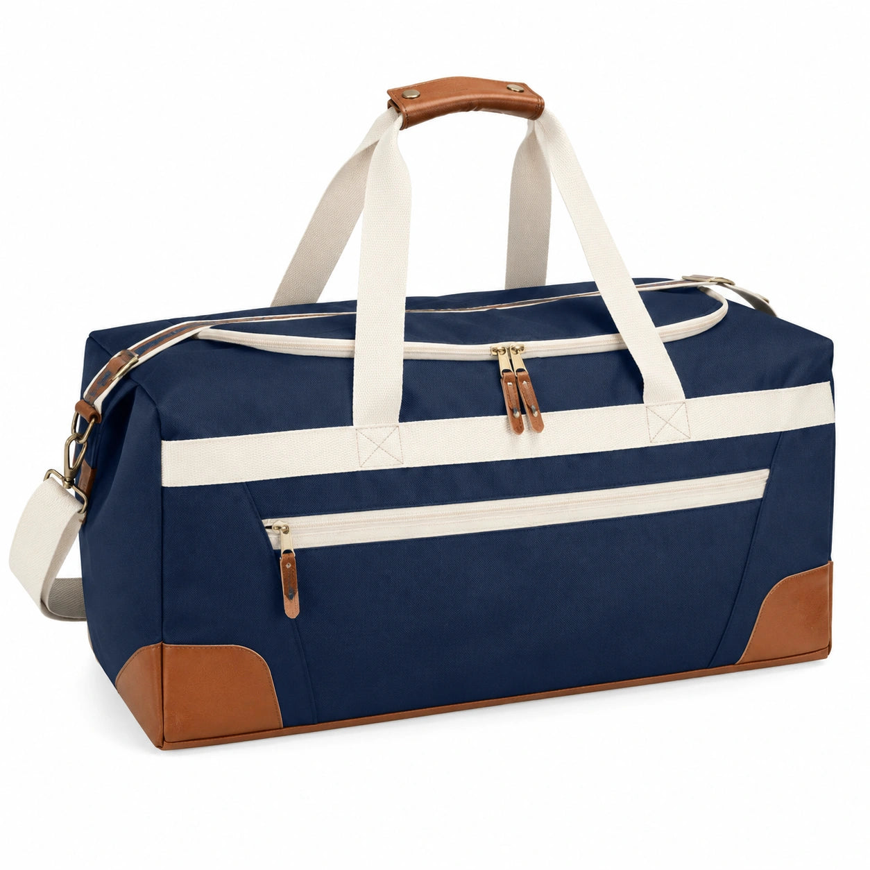 Reisetasche 50 x 25 x 30 cm Textil Navyblau Beige mit Kunstlederdetails und Schultergurt