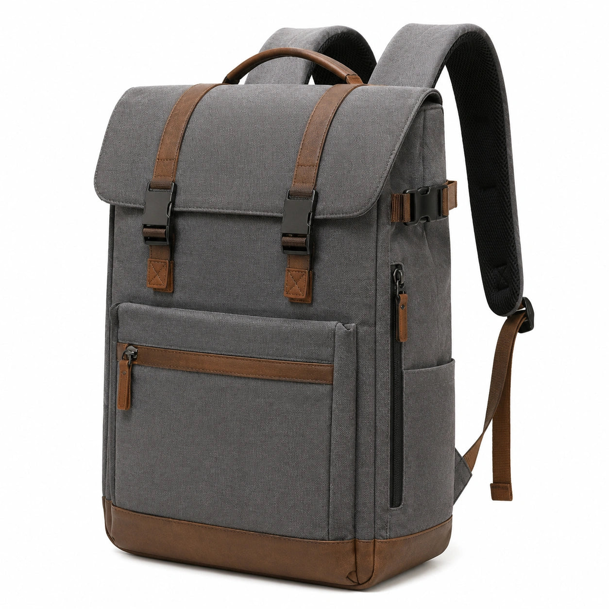 Rucksack 30 x 15 x 42 cm Grau Braun aus Textil mit Kunstlederbesatz für Alltag und Arbeit