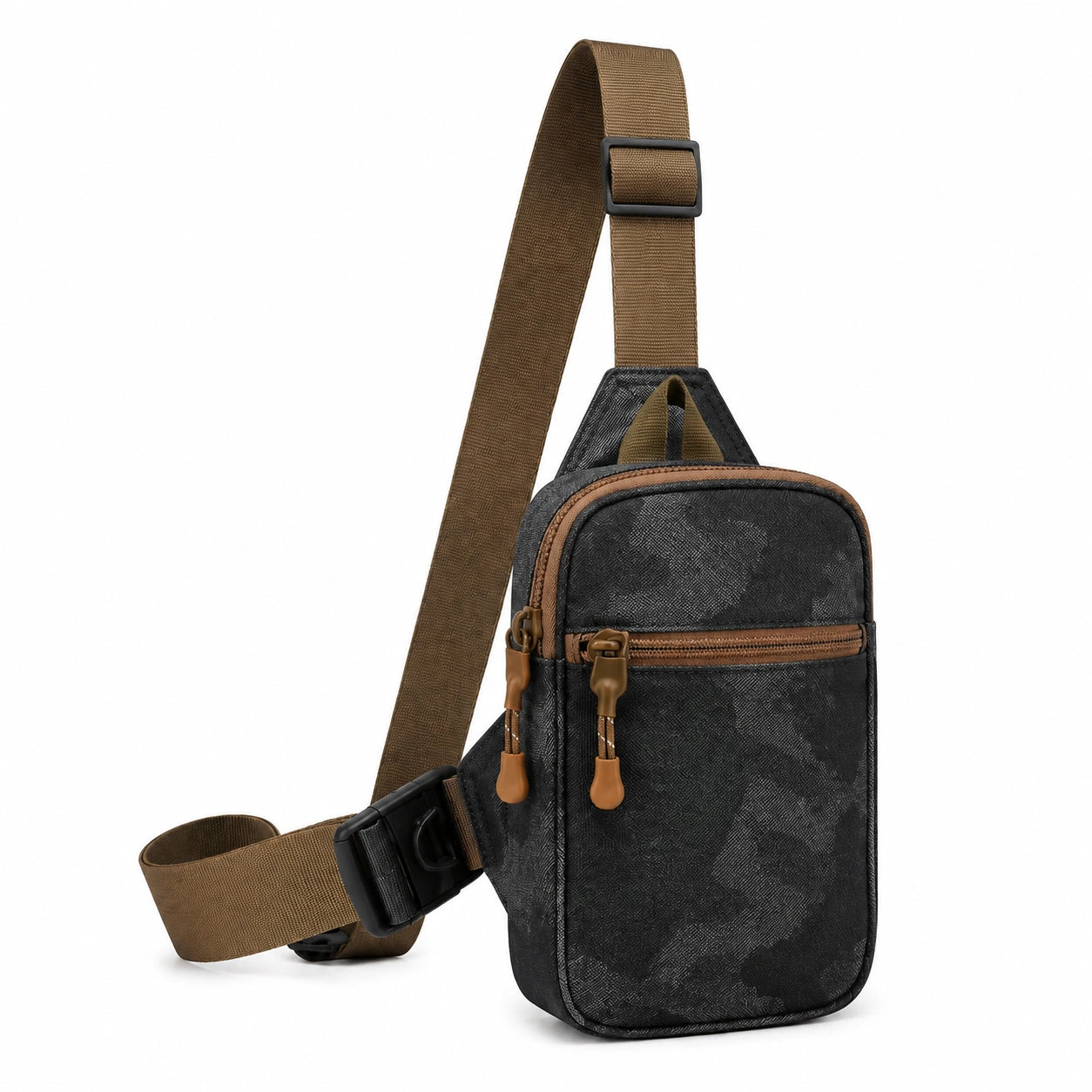 Umhängetasche 18 x 7 x 30 cm aus Polyester Schwarz Braun mit Tarnmuster und verstellbarem Schultergurt