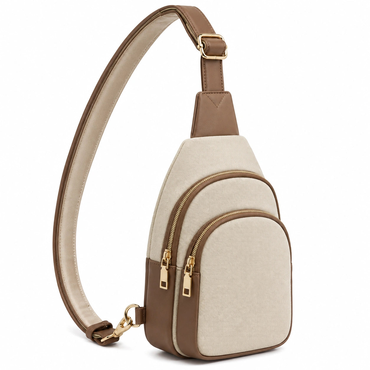 Umhängetasche 18 x 8 x 30 cm aus Textil und Kunstleder Beige Braun mit verstellbarem Schultergurt